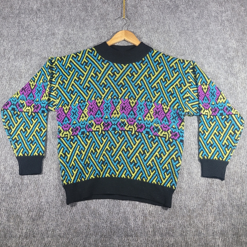 White Stag Vtg Pullover Sweater Colorful Green Purple Blue 30% Wool Men's M